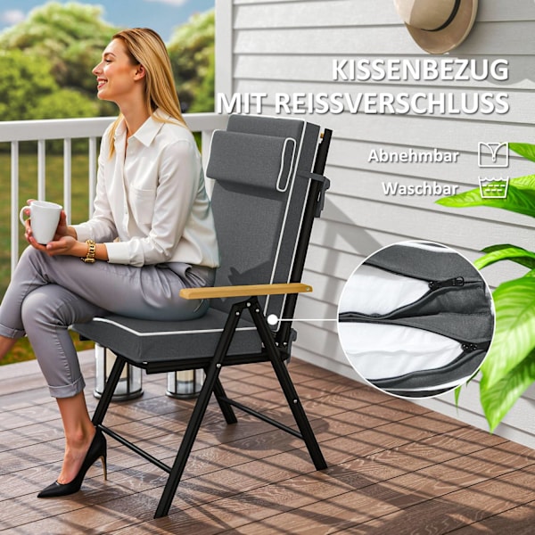 Sittdyna 120 x 47 x 9,5 cm vattenavvisande stolsdyna med knytband, nackstöd, UPF50+ utomhus sittdyna inomhus, sittdyna för hopfällbar stol, matstol, m