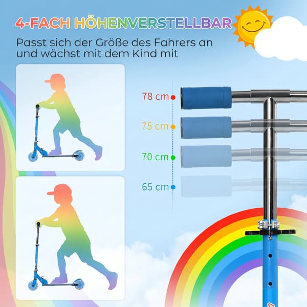 Blå barnsparkcykel med LED-hjul och justerbart styre