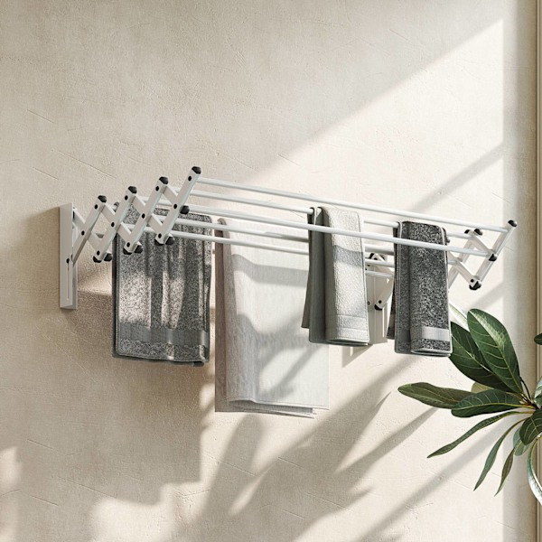 Kläder Airer Wall Utdragbar Klädtork Väggmonterad med 8 aluminiumstänger, platsbesparande torkställning för inom- och utomhusbruk 86 x 61 x 22 cm, Sil