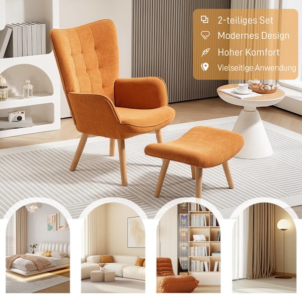 Nojatuoli jakkaralla, korkea selkänojatuoli, puiset jalat, tuftattu Design Corduroy Look -loungetuoli olohuoneeseen, ruskea