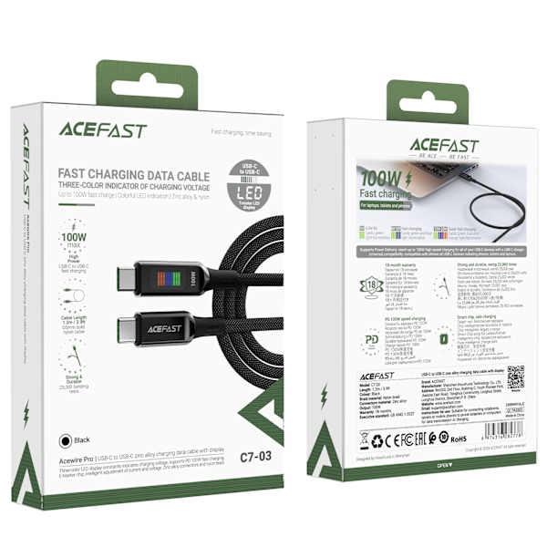 USB-C - USB-C kabel 100W med display 1,2m sort