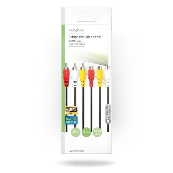 Komposit videokabel | 3x RCA Hane | 3x RCA Hona | Nickelplaterad | 480p | 5.00 m | Rund | PVC | Svart | Kuvert