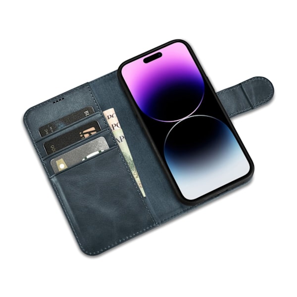 2-i-1 läder Flip Cover iPhone 14 Pro Max Anti-RFID oljevax plånboksfodral Blå