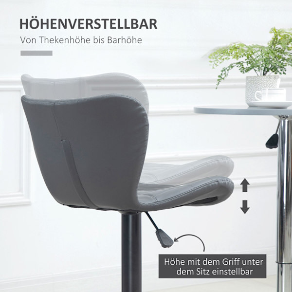 Barpall köksset om 2 med ryggstöd och fotstöd, höj- och sänkbar, halkfri, upp till 120 kg, 47cm x 51,5 cm x 89-109 cm, grå