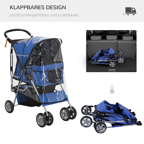 Hundevogn, Hundevogn Med Regnslag, Foldbar Hundevogn Op Til 20 Kg, Med Kopholder, Netvindue, Kattevogn, Blå, 75 X 45 X 97 Cm