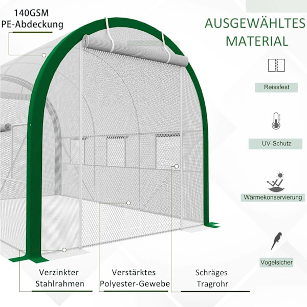 Folieväxthus 3,58 x 2,1 x 2,1 m tunnelväxthus med rulldörr för trädgård & balkong, galvaniserat stål, vit