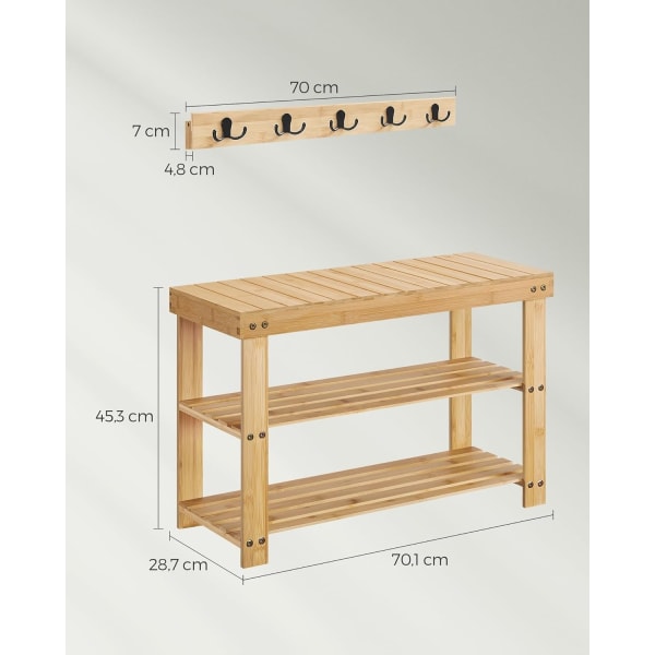 4-i-1 bambus entrébænk og knagerække med kroge