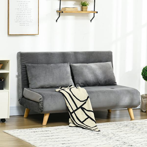 Sovesofa 2-Personers Sofa Med Sengefunktion, Klapsofa Med Justerbart Ryglæn, Hynder, Sovesofa Med Fløjlslook, Grå, 130 X 78 X 79Cm