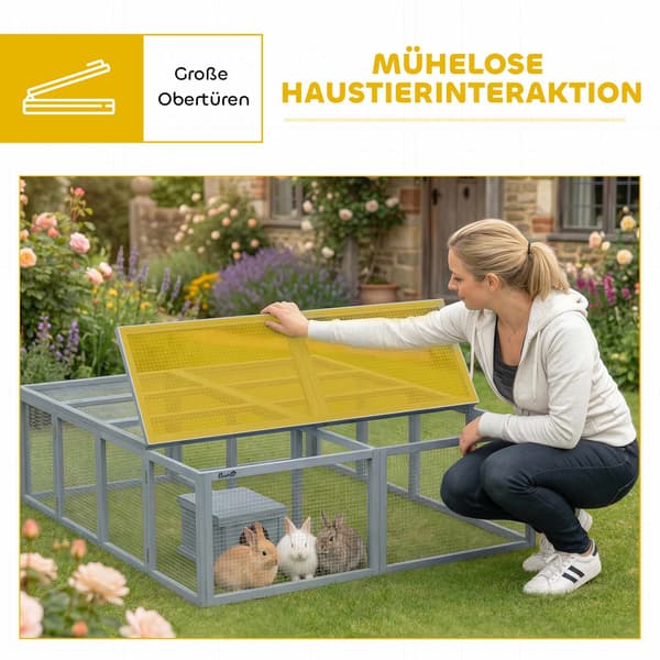 Kaninbur med stor gård, modulär design, grått trä
