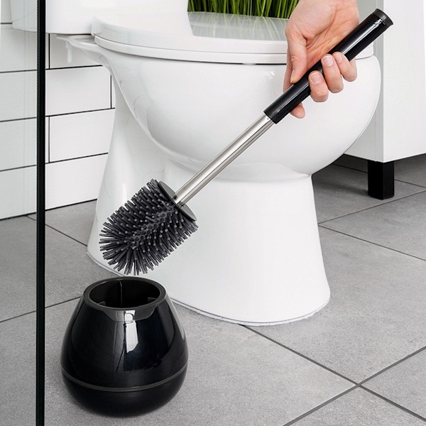 Silikone toiletbørste med stativ og tang sort 42 cm