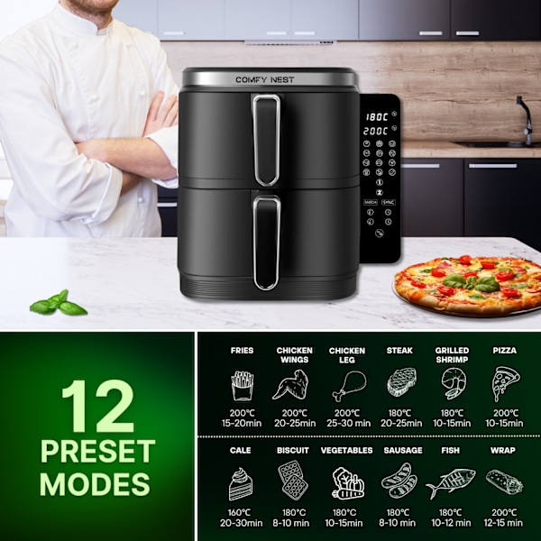 Comfy Nest CN-06177: 2 800 W Air Fryer med dubbelkorg med digital vikbar sidopanel - 11 L