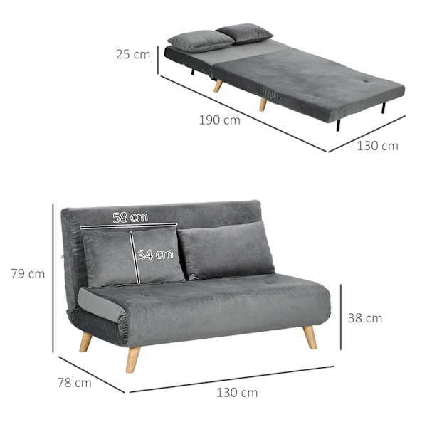 Sovesofa 2-Personers Sofa Med Sengefunktion, Klapsofa Med Justerbart Ryglæn, Hynder, Sovesofa Med Fløjlslook, Grå, 130 X 78 X 79Cm