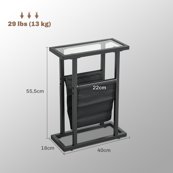 Sivupöytä sohvapöytä kangaskassilla Metallirunkoinen sohvapöytä lasitasolla Olohuoneen yöpöytä Makuuhuoneen musta 40 x 18 x 55,5 cm