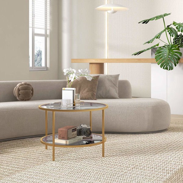 Sidebord rundt sofabord med hylde, stålstel, sofabord, natbord til stue, soveværelse, guld, Ø60 x 43 cm