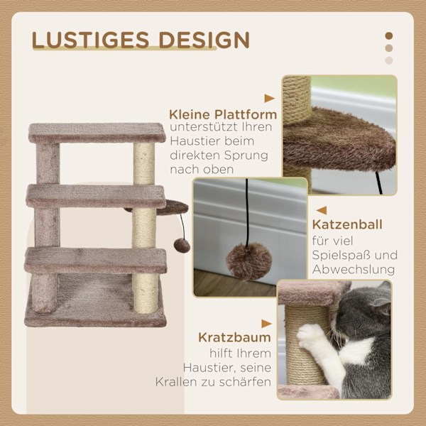 Katttrappa, djurtrappa för katter, hundtrappa, 3 steg, med skrapstolpar, lekboll, plysch, brun, 45x40x48cm