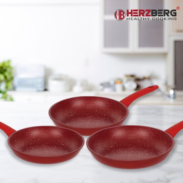 Herzberg HG-04807RED: 3 delar marmorbelagd smidd stekpanna Set - Röd