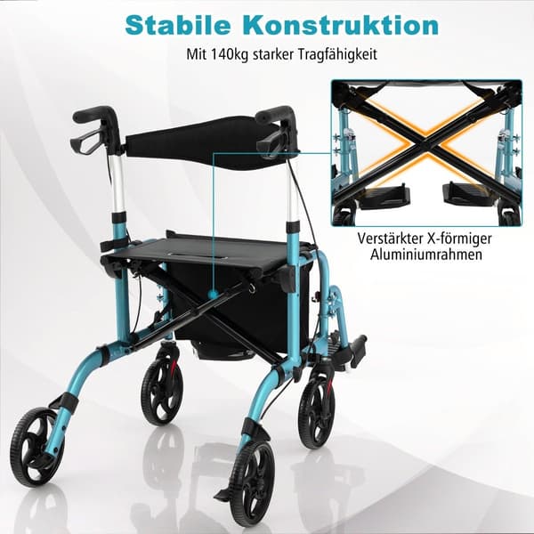 2-i-1 letvægtsrollator og kørestol, højdejusterbar