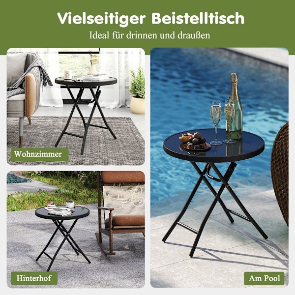 Runt uteplats soffbord med härdat glasskiva &amp; Metallram Fällbart sidobord Svart