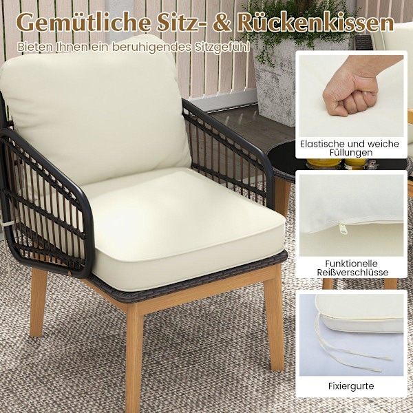 3-delt havemøbelsæt i rattan havesædesæt 2 kurvestole & glas sidebord & puder