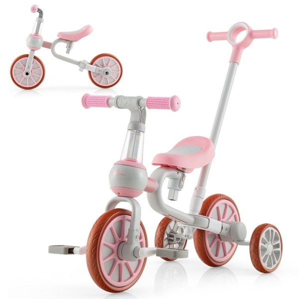 Børnecykel 4-i-1 førskolecykel med forældreskubbehåndtag 37 x 72 x 101 cm pink