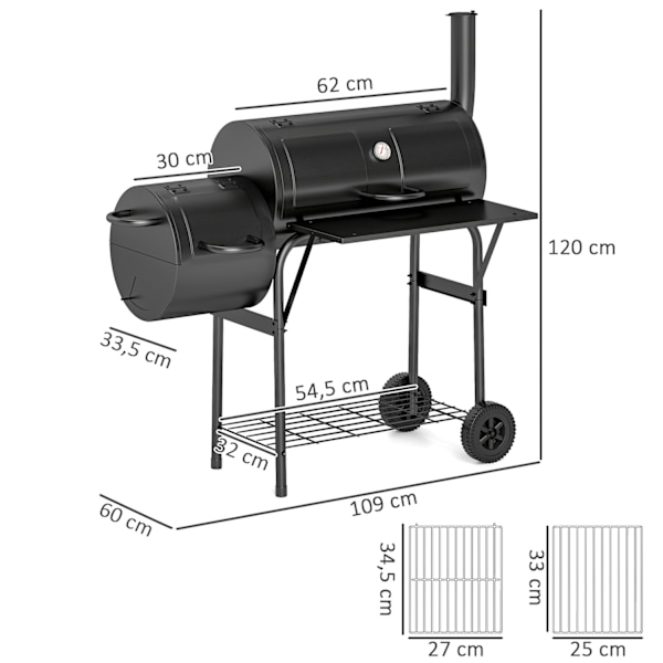 Kulgrill lavet af stål BBQ ryger med låg termometer hjul hylde mobil grillvogn med lufttilførsel kulbakke, kulgrill kulgrillvogn til grillcamping, hav