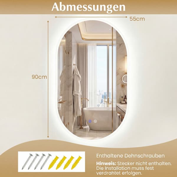 LED badeværelsesspejl, 90x55 cm, antidug, touch control