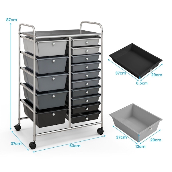 Vagn med 15 stapelbara lådor Rullcontainer sidovagn med 15 lådor silver 62,5 x 37 x 87 cm