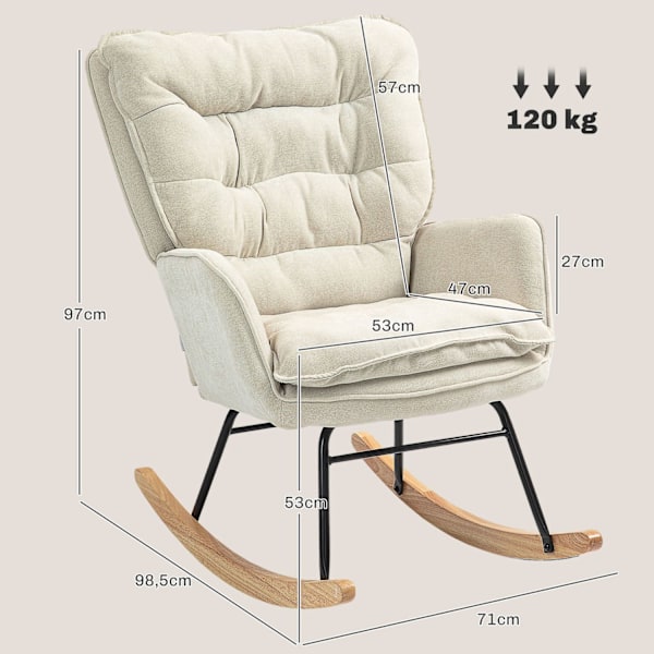 Gyngestol, lænestol, ammestol med chenille-look, gyngestol op til 120 kg bæreevne til soveværelse, stue, beige
