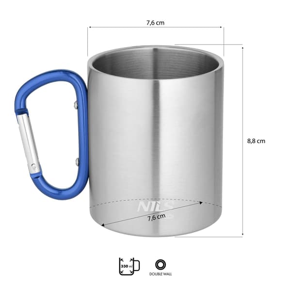 Camping kop, karabinhage, 300 ml rustfrit stål, blå