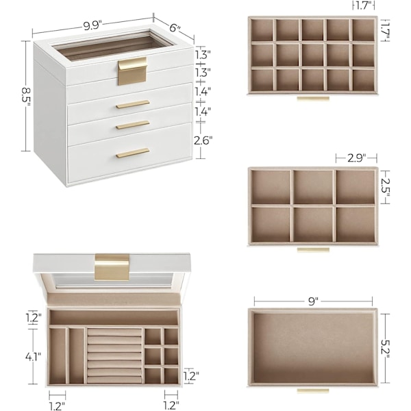 4-lags smykkeskrin med glaslåg og rummelig skuffe