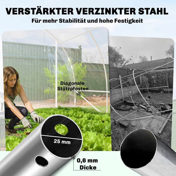 Växthus i polytunnelformat, stålram, UV PE-överdrag