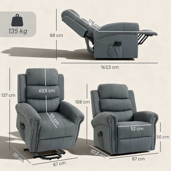 Lænestol med løftefunktion og massage, varme, linnedlook, grå