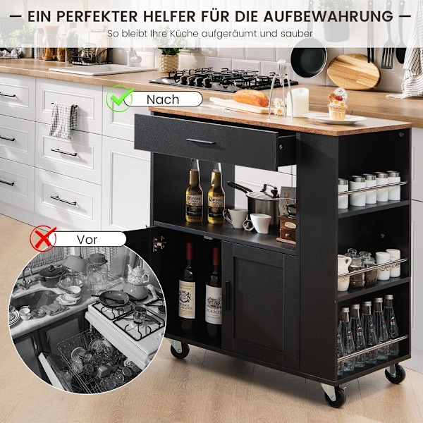 Køkkenvogn rullende serveringsvogn med 3 krydderistativer 82 x 46 x 92 cm sort