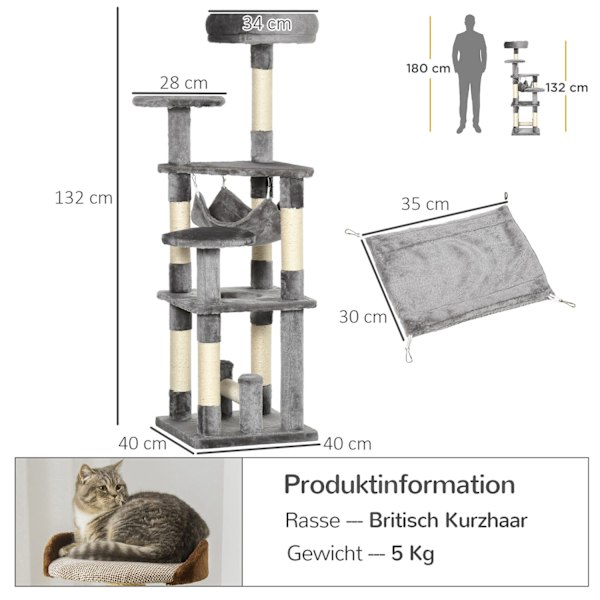 Cat Tree Kissan Raapimispylväs Cat Play Tower Kissa Kiipeily Puun Raapimispylväs Riippumatto Harmaa L40 X L40 X K132 Cm