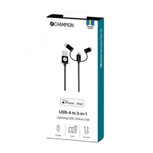 USB-A-Lightning, USB-C ja Micro-USB 1,5 m Black