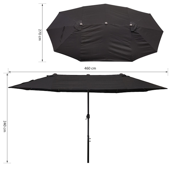 Outsunny Parasol Garden Sateenvarjo Market Sateenvarjo Kaksinkertainen päivänvarjo Patio Sateenvarjo käsikammalla Musta Ovaali 460 x 270 x 240 cm