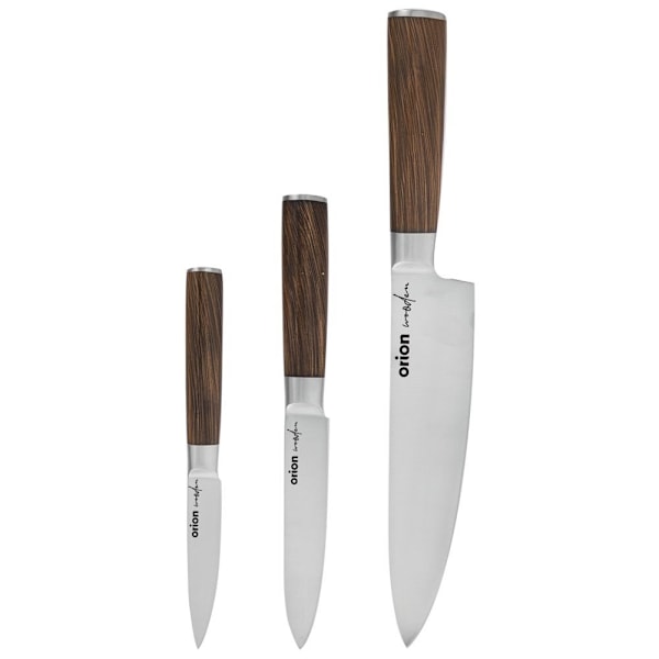 Sæt med tre køkkenknive: kokkekniv, universalknive, rustfrit stål