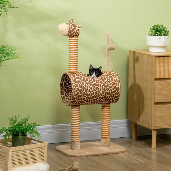 Kattetårn 101 cm girafdesign med tunnel og jutestolper