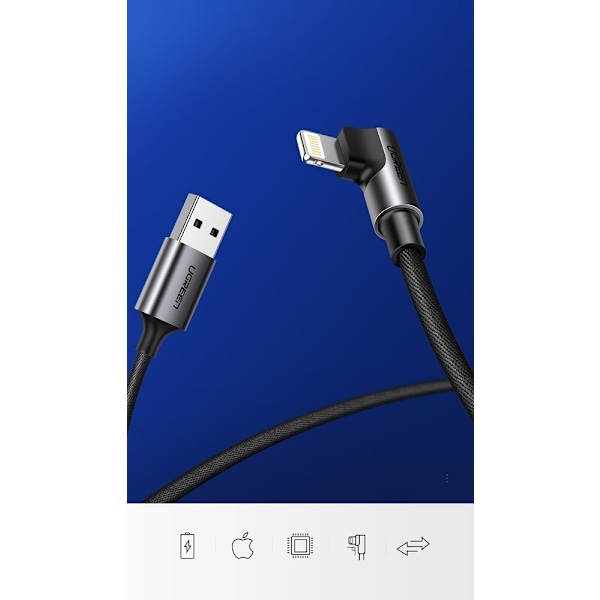 Kulmakaapeli iPhone USB:lle - Lightning MFI 2.4A 1m musta