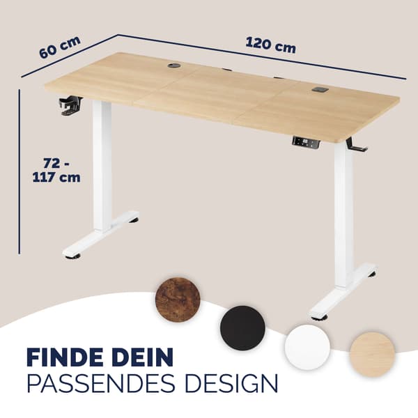 Højdejusterbart skrivebord, beige, 120x60 cm, USB-opladning