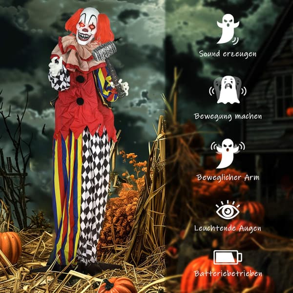 Halloween Animatronisk Clown, 173 cm, Lysande Ögon
