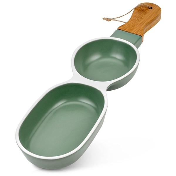 Elegant tallerken med hank i grønt porcelæn og bambustræ