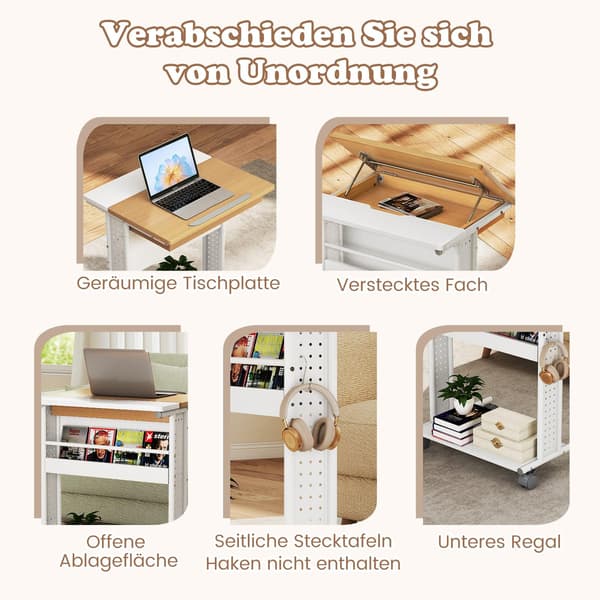 Mobilt laptopbord med vippeplade, opbevaring, hjul