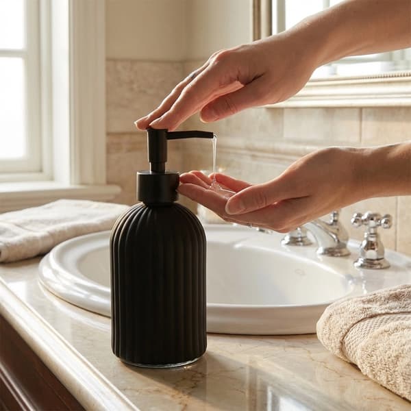 Sort sæbedispenser i glas, 400 ml kapacitet