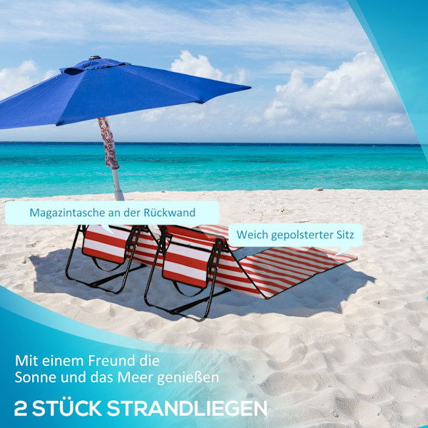 Set Med 2 Strandmatta Vikbar Justerbar Solstol Strandmadrass Bärväska Röd 142X51X40Cm