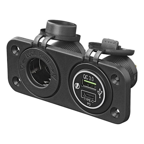 Inbyggt kit: 12V uttag + USB snabbladdare typ A + C 2-vägs 3A