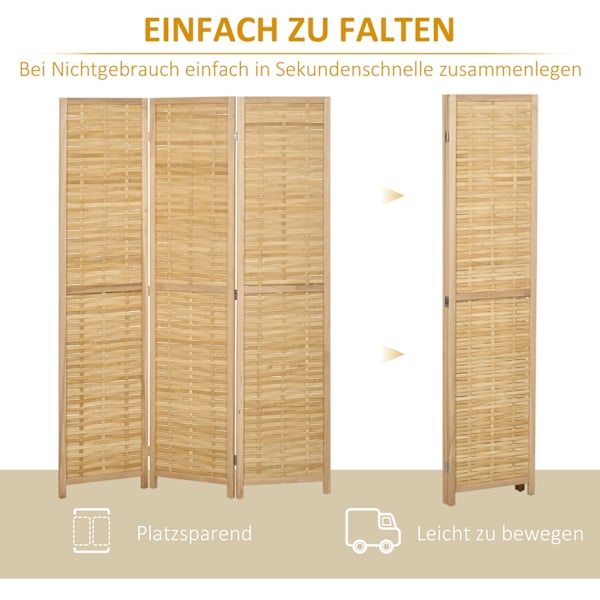 Rumsavdelare, 3-delad, hopfällbar insynsskydd av bambu, 120x170cm, för vardagsrum eller sovrum, natur
