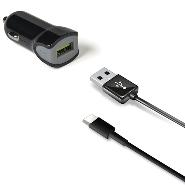 Biloplader + USB-C kabel 2,4A 12W Sort
