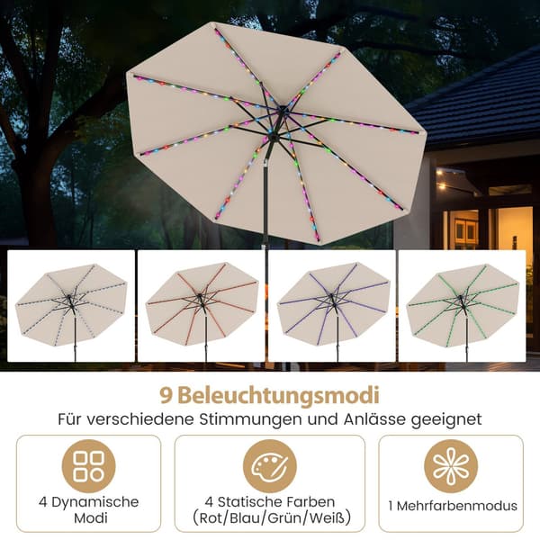 Terrasseparaply 300 cm med Solar LED-lys, 9 tilstande