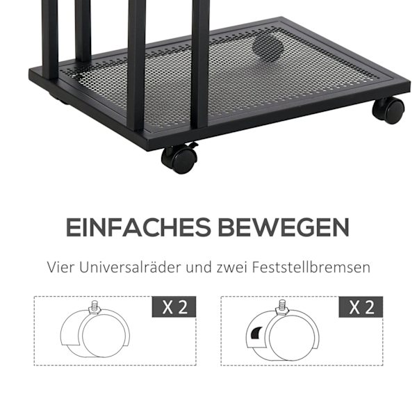 Sidebord C-Formet Rullevogn, Serveringsvogn, Sidebord, Træ + Metal, Sort + Valnød, 51X36X65 Cm